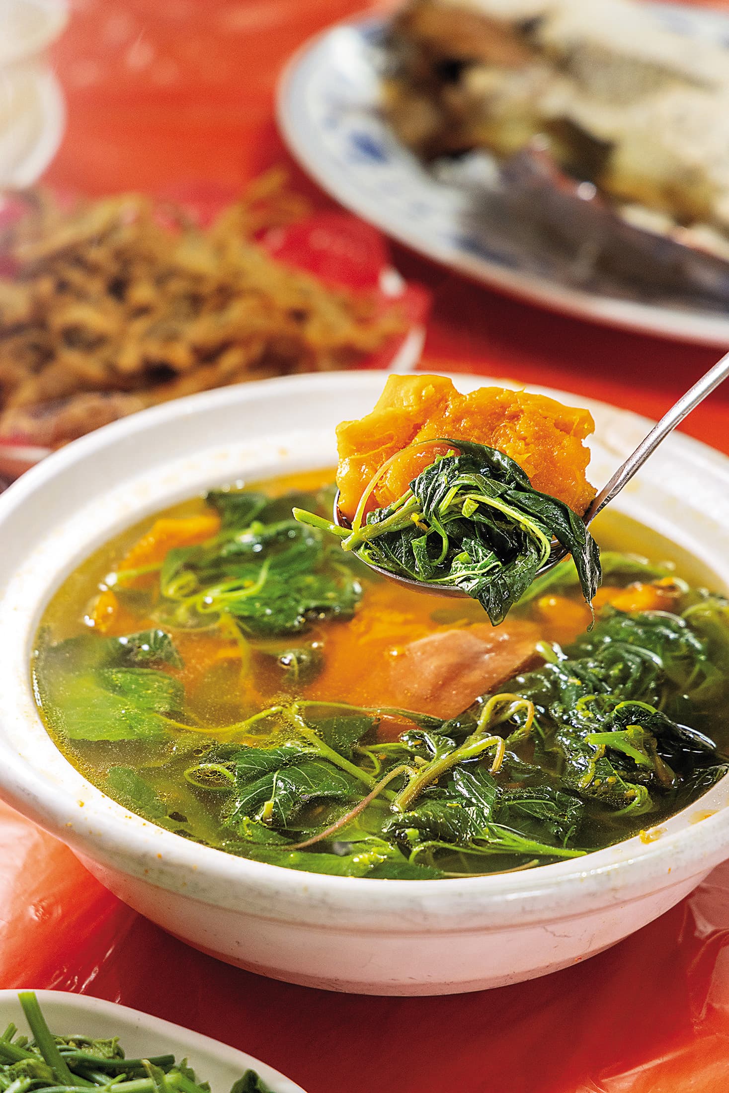 用雞湯燉煮的「南瓜野菜湯」，可品嘗壽豐在地蔬菜的清甜。（150元／份）