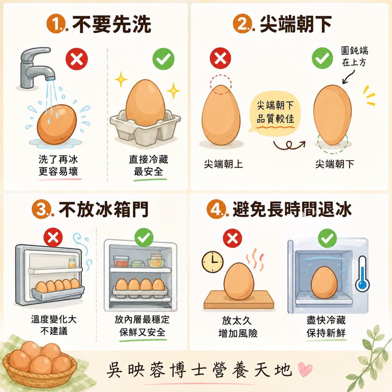 營養師吳映蓉對於,民眾買雞蛋回家後最常遇到的「四大處理疑惑」進行全面解析。(翻攝自臉書@吳映蓉博士營養天地)