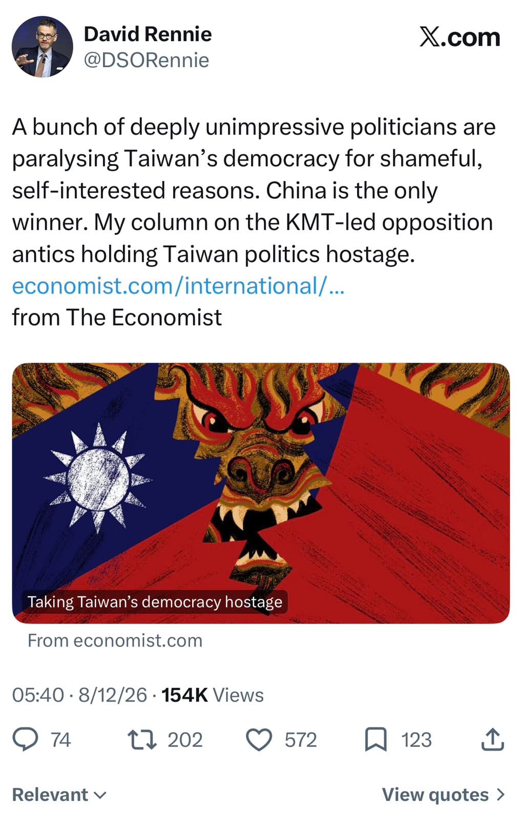 《經濟學人》專欄作者雷尼(David Rennie)在X平台再度發聲,批評「一群極度乏善可陳的政治人物」為了可恥、自利的理由讓台灣民主陷入癱瘓,並直指「中國是唯一的贏家」,同時轉發自己日前撰寫的「挾持台灣民主」專文。
