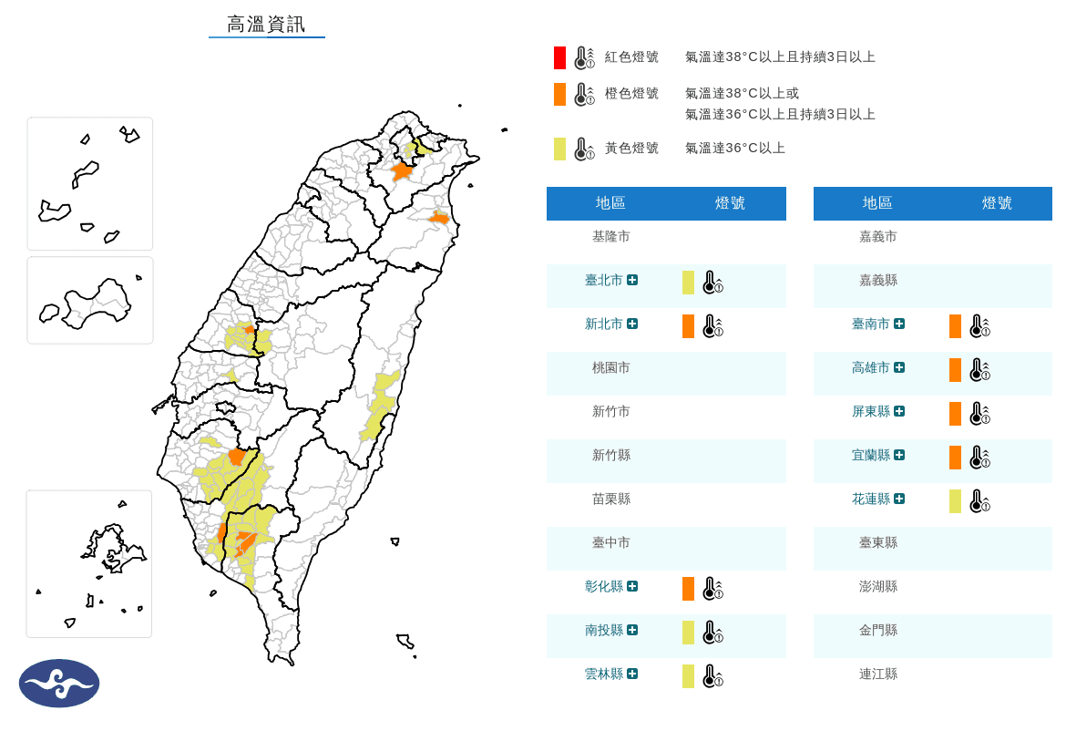 今日各地多雲到晴、高溫炎熱，氣象對10縣市發布高溫警報。（氣象署提供）
