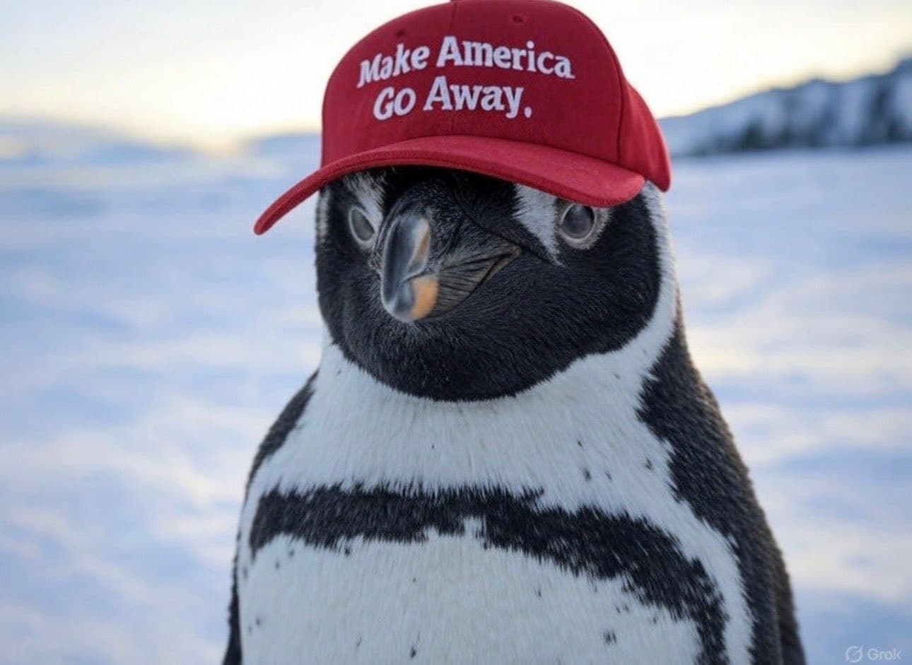 一隻企鵝戴著川普競選的紅帽子，但上面寫：「Make America Go Away.」（讓美國走開）（翻攝X@worldzonfire）