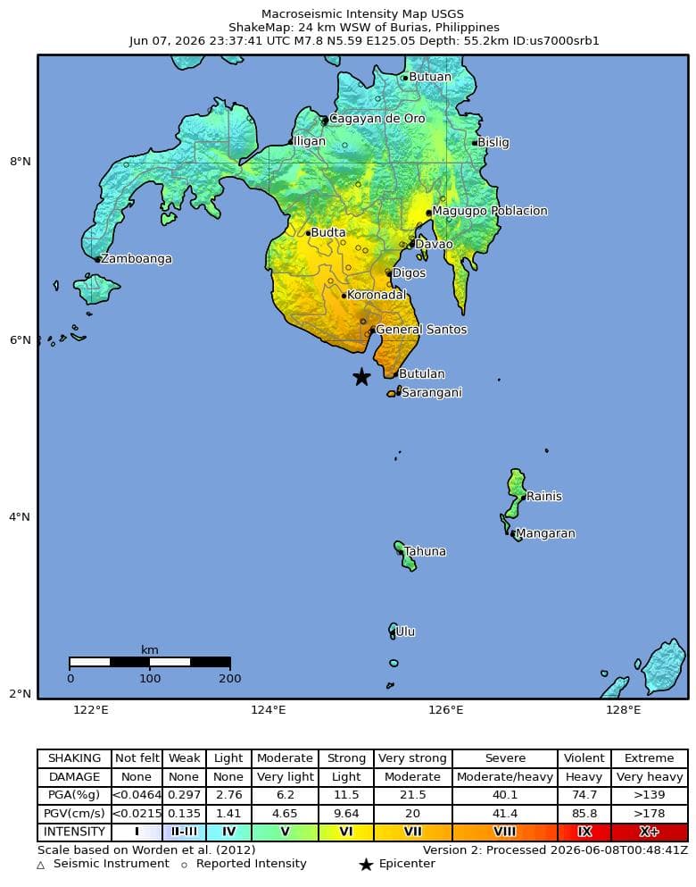 菲律賓南部棉蘭老島外海8日發生規模7.8強震，震央位於薩蘭加尼省外海，USGS發布震度分布圖，顯示震央周邊地區感受強烈搖晃。