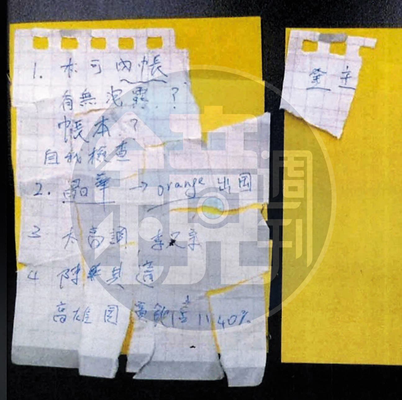 柯文哲撕毀的「木可內帳有無洩露?帳本?」「晶華→Orange出國」紙條。