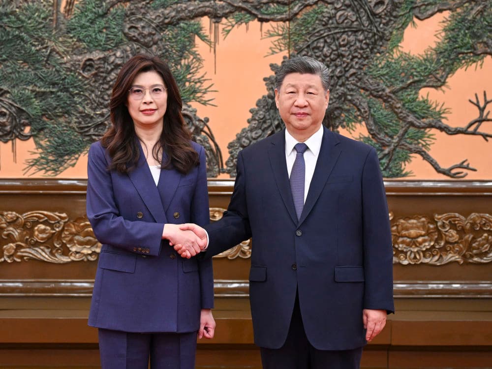 4月鄭習會上,習近平會見鄭麗文,雙方握手15秒。(翻攝新華社)