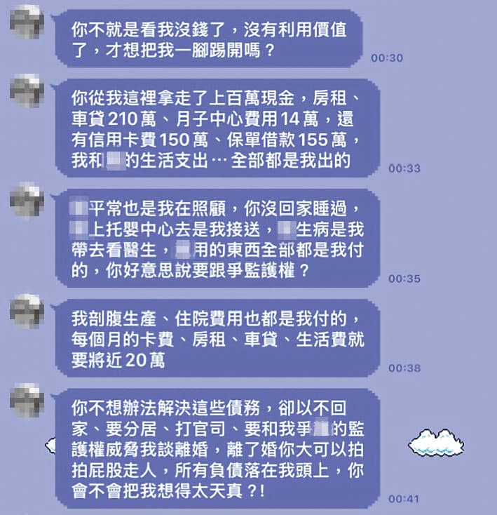 最近與楊居霖結婚的C女，傳訊痛斥楊不斷借錢，卻棄妻兒不顧。（讀者提供）
