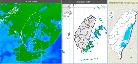 今晨4時40分紅外線色調強化雲圖顯示,台灣上空雲層很多(左圖)。4時40分雷達回波合成圖顯示,降水回波大多在東半部海上(中圖)。4時30分累積雨量顯示,花、東有局部降雨(右圖)。(翻攝自氣象應用推廣基金會)