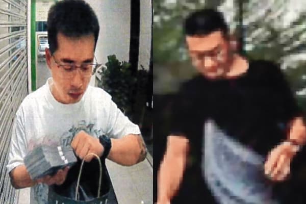 專案小組在陳會館門前拍到黑衣男子（右），另拍到白衣男子（左）存入大筆現金，認定二者是同一人，但白衣男有刺青，黑衣男則無，應非同一人。（翻攝畫面）