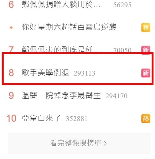 黃宣遭淘汰後,「歌手美學倒退」的相關貼文登上微博熱搜。(翻攝自微博)