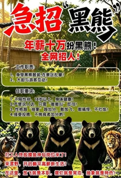 中國河南省漯河市一處野生動物園,開出年薪10萬元(新台幣47萬元台幣)「徵人扮黑熊」的招募消息,引發關注。(翻攝自網易)