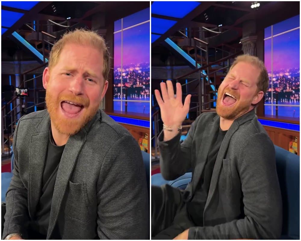 哈利在預告片中大玩爆紅的對嘴片段,舉止浮誇。(翻攝The Late Show IG)