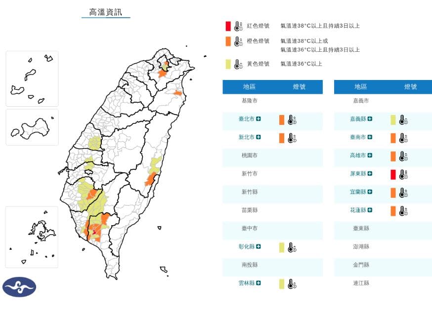 今全台灣天氣高溫炎熱，中央氣象署稍早發布10縣市的高溫資訊。（氣象署提供）