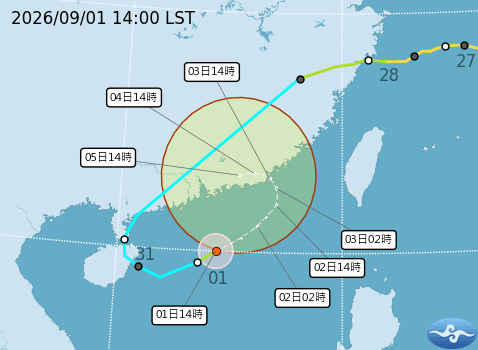 颱風「沙德爾」14時的中心位置在北緯20.0度、東經114.4度,以每小時22公里速度,向東北進行。(翻攝自中央氣象署官網)