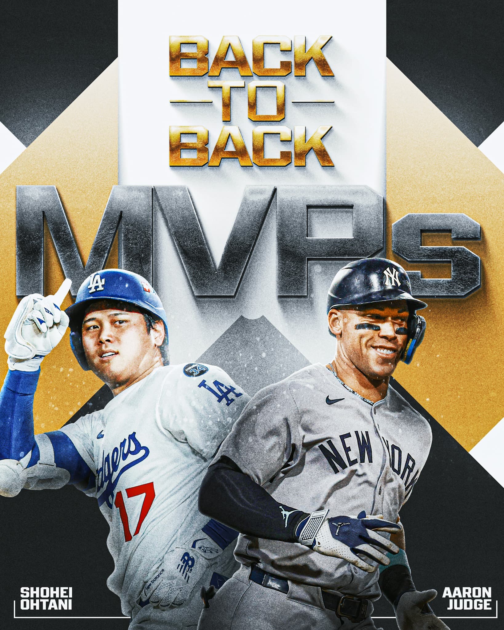 大谷和賈吉今年「背靠背」在2聯盟皆達成MVP二連霸,刷新大聯盟紀錄。(翻攝自MLB臉書)