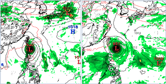 最新模式模擬顯示，歐洲（ECMWF）28日20時模擬熱帶系統已進入巴士海峽（左圖），美國（GFS）29日20時模擬才將進入巴士海峽（右圖），強度及動向皆有顯著差異，尚待持續觀察。（翻攝自氣象應用推廣基金會／圖擷自tropical tidbits）