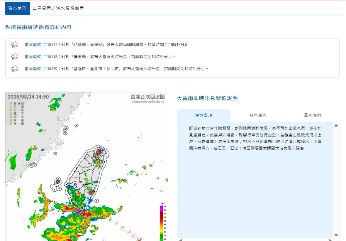 中央氣象署發布大雷雨即時訊息。（翻攝自中央氣象署官網）