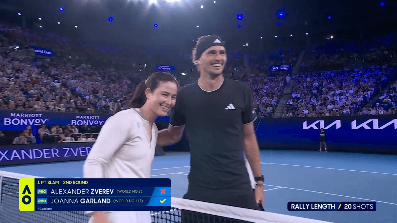 喬安娜爆冷擊敗當今世界第3的茲維列夫。(翻攝 Australian Open YouTube頻道)