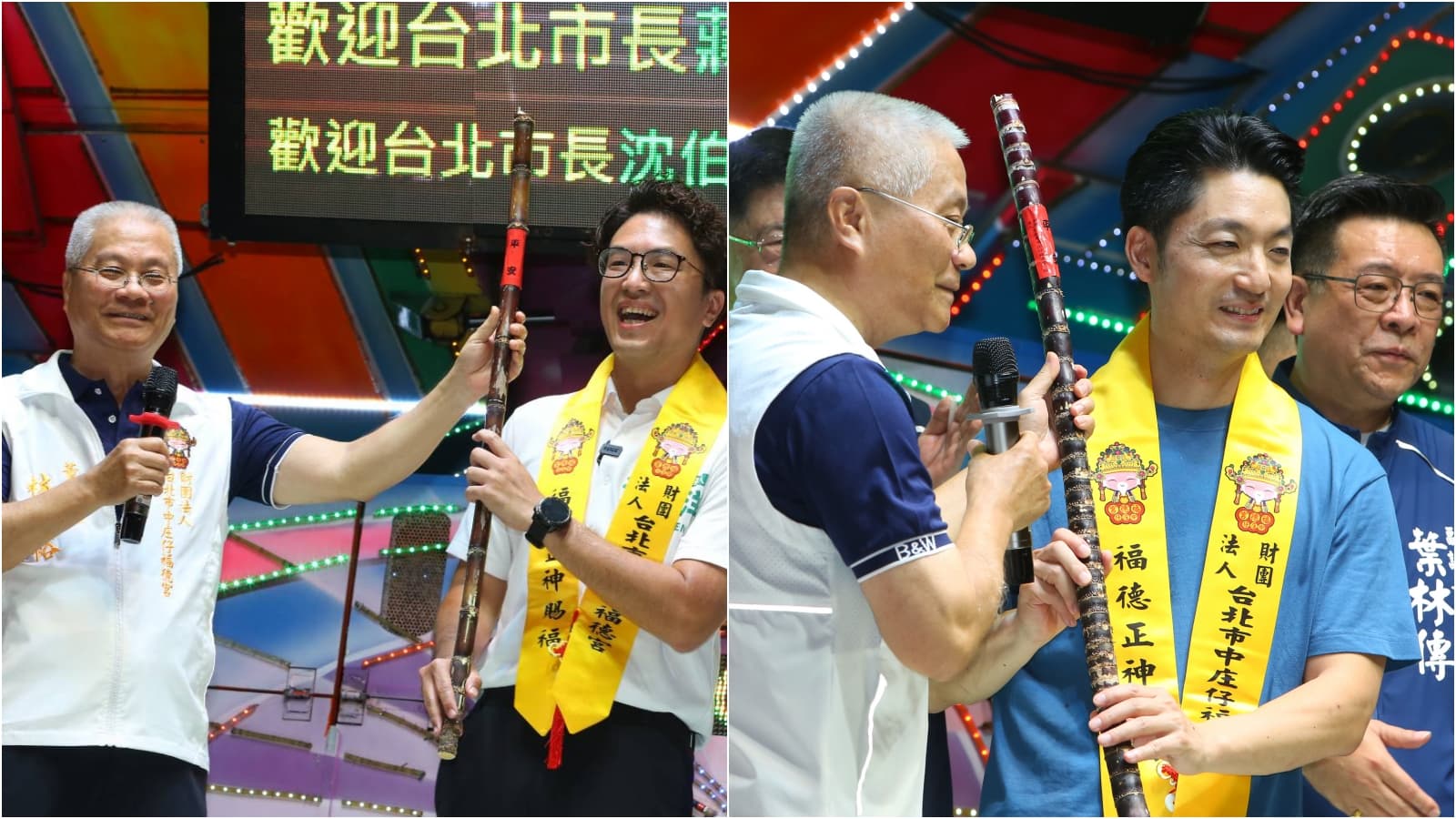 沈伯洋、蔣萬安先後從中庄仔福德宮董事長林春裕手中接下甘蔗，但兩人的甘蔗外觀差很多，引發聯想。（鏡報姜永年）