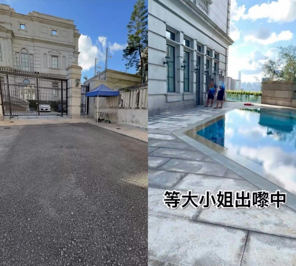 女教練公開豪宅外觀、庭院和私人泳池，還寫下「等大小姐出嚟中」。（翻攝Threads）
