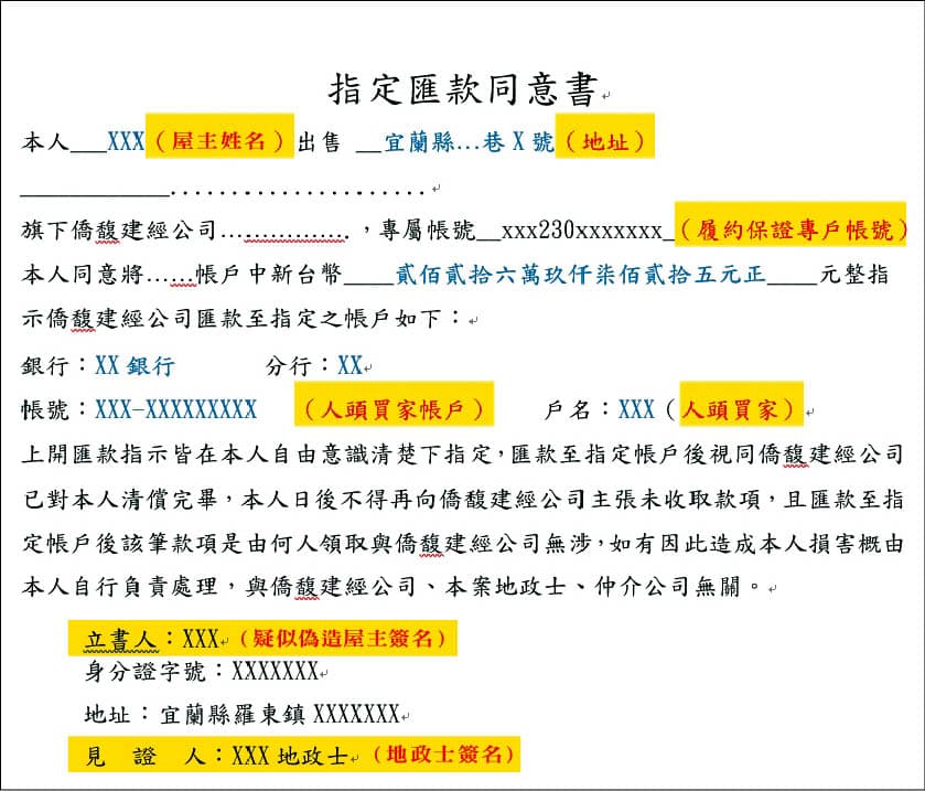 詐團偽造價金動撥單,並假冒曹美玲夫妻簽名,以左手換右手方式把價金洗回。(示意圖)