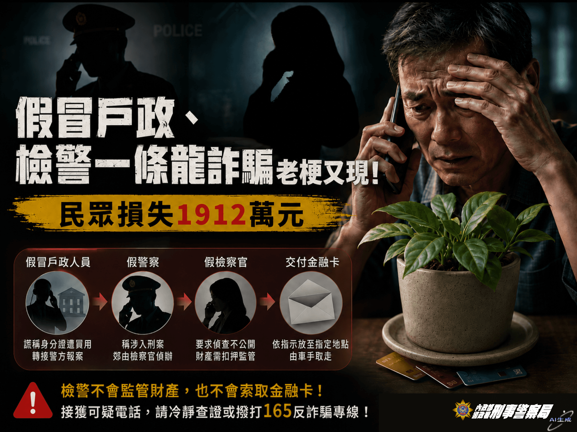 在種種話術威逼下,鄭男將3張金融卡裝在信封藏在花盆下,1,912萬餘元積蓄被提領一空,名下帳戶還淪為洗錢工具。(刑事局提供)