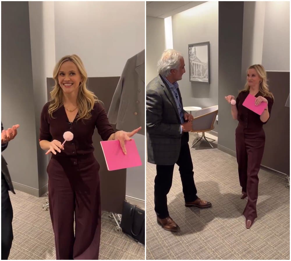 薇斯朋重現經典的「彎腰撿東西」橋段。（翻攝reesewitherspoon IG）