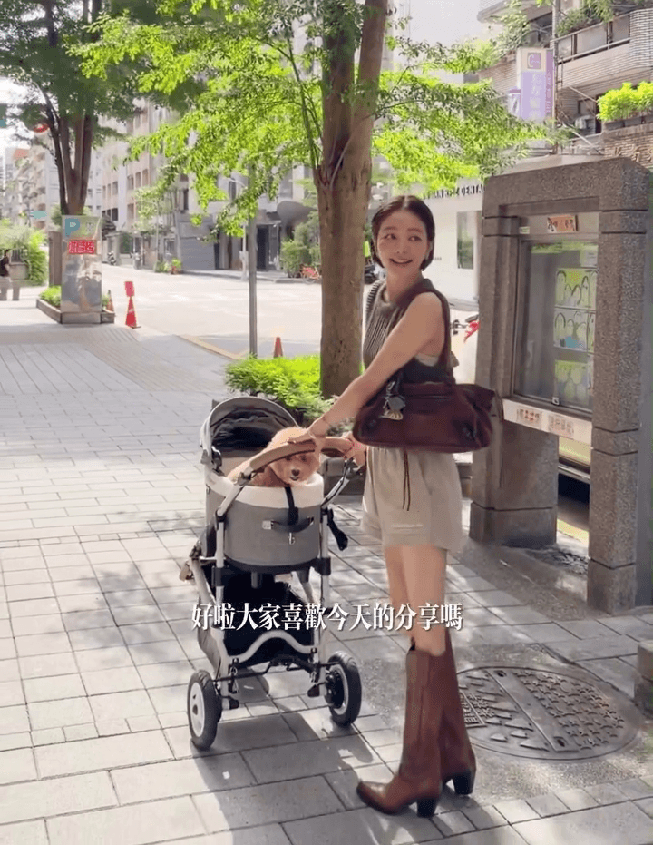 許路兒分享，帶著愛犬「許旺旺」現身街頭的畫面。（翻攝許路兒IG）