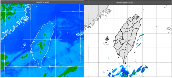 今晨4時50分紅外線雲圖顯示,巴士海峽有較多雲層,陸上大多晴朗(左圖);4時50分降水回波合成圖顯示,巴士海峽有弱回波(右圖)。(翻攝自氣象應用推廣基金會)