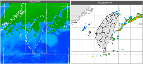 今晨4時20分紅外線色調強化雲圖顯示，中部以北雲層很多（左圖）。4時30分雷達回波合成圖顯示，降水回波大多在東半部海上（右圖）。