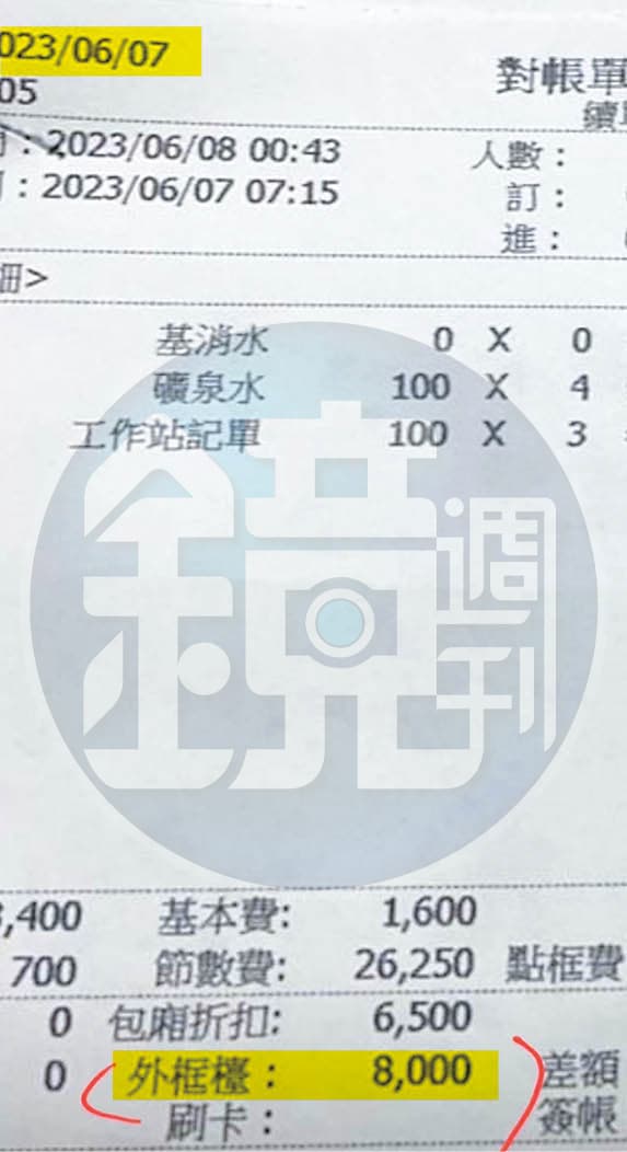 咼昇華提供本刊的酒店帳單顯示，林昭印當初「外框」費用是8,000元。（咼昇華提供）