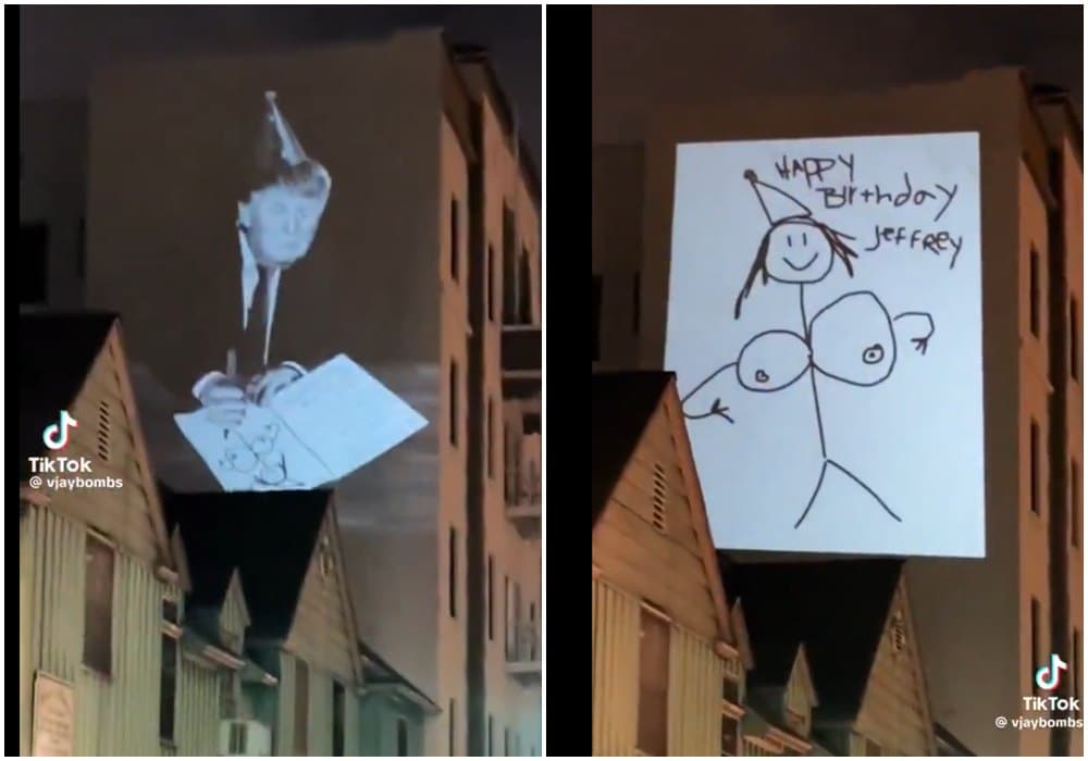 溫莎鎮各處也有投影，諷刺川普過去疑畫裸女賀卡給艾普斯坦。（翻攝TikTok畫面）