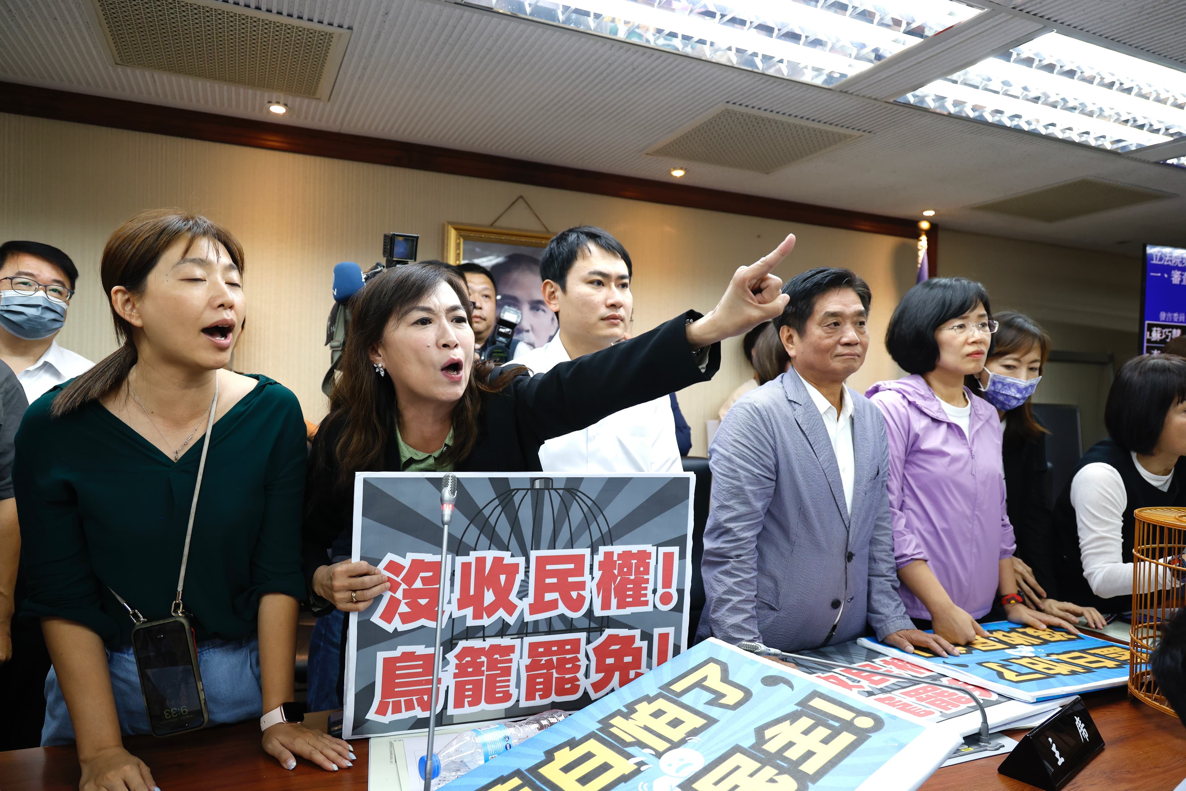 綠委痛批藍營修法形同沒收民權，成了「鳥籠罷免」，今上午霸占主席台杯葛修法程序。