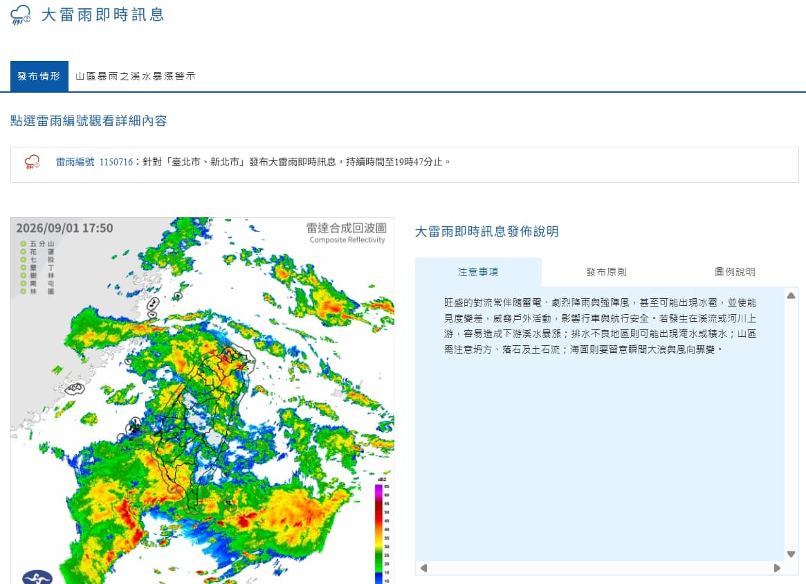 中央氣象署發布大雷雨即時訊息。(翻攝自中央氣象署官網)