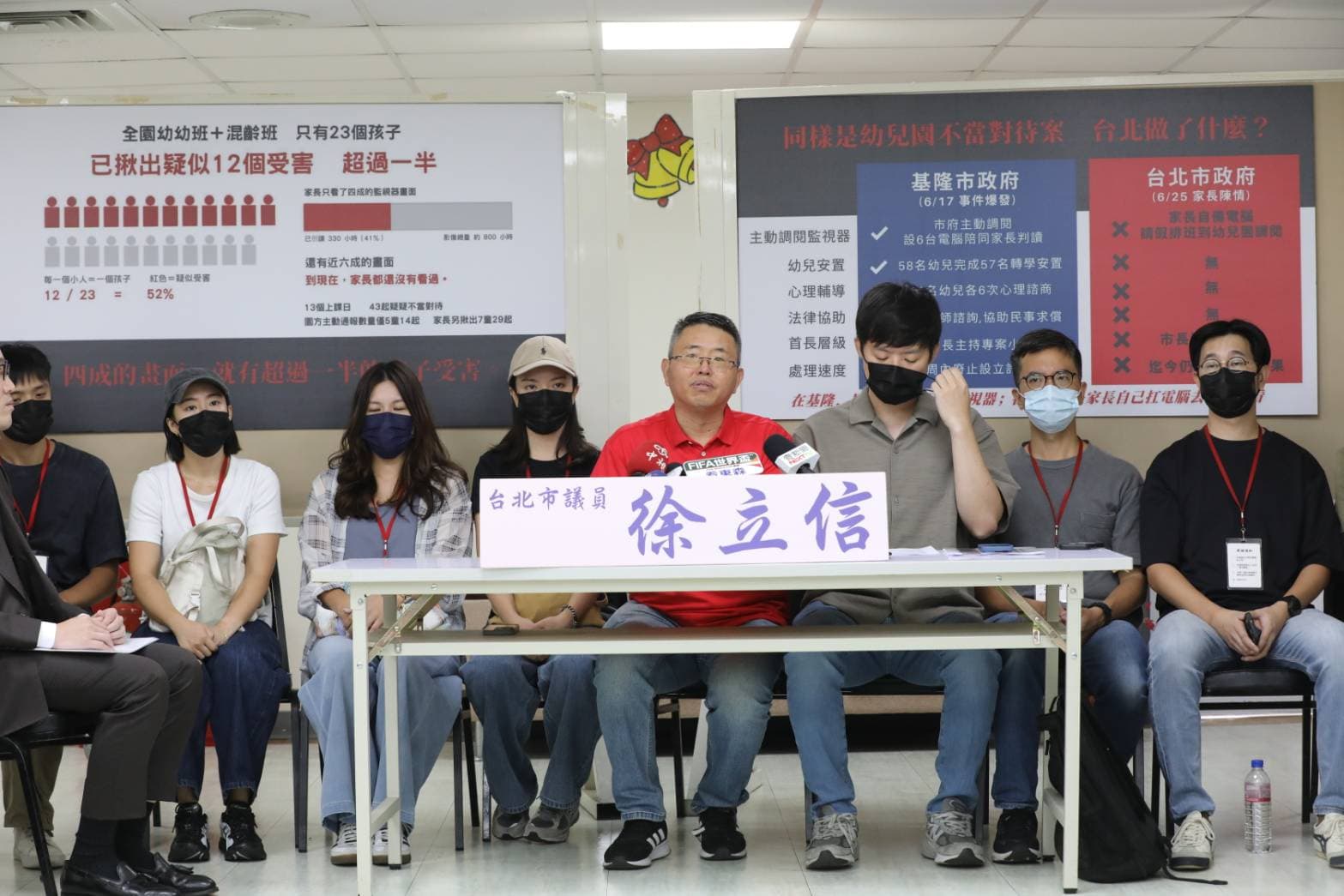 北市幼兒園疑爆集體虐童案,議員徐立信與家長開記者會控訴。