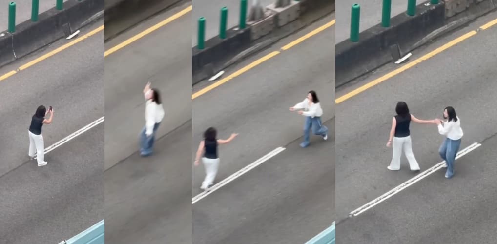 防空警報響起中，兩女仍悠哉拍照留念，引發爭議。（翻攝自Therads @chentx_1009）