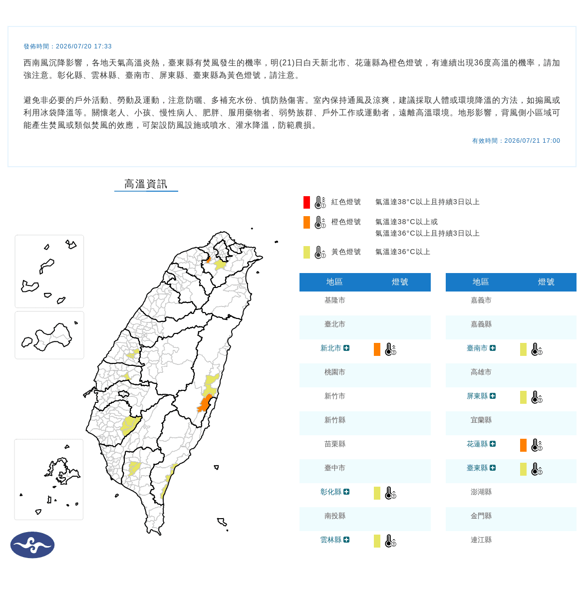 氣象署針對7縣市發布高溫警報。（中央氣象署提供）