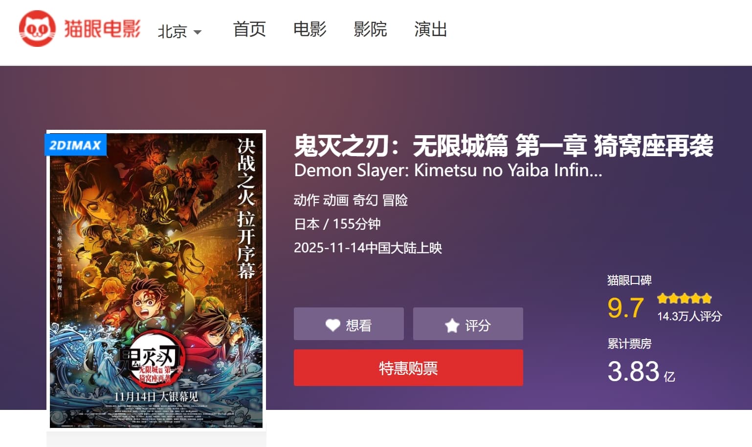 《鬼滅之刃：無限城篇第一章猗窩座再襲》劇場版14日在中國上映後，立刻榮登票房冠軍。（翻攝貓眼電影網站）