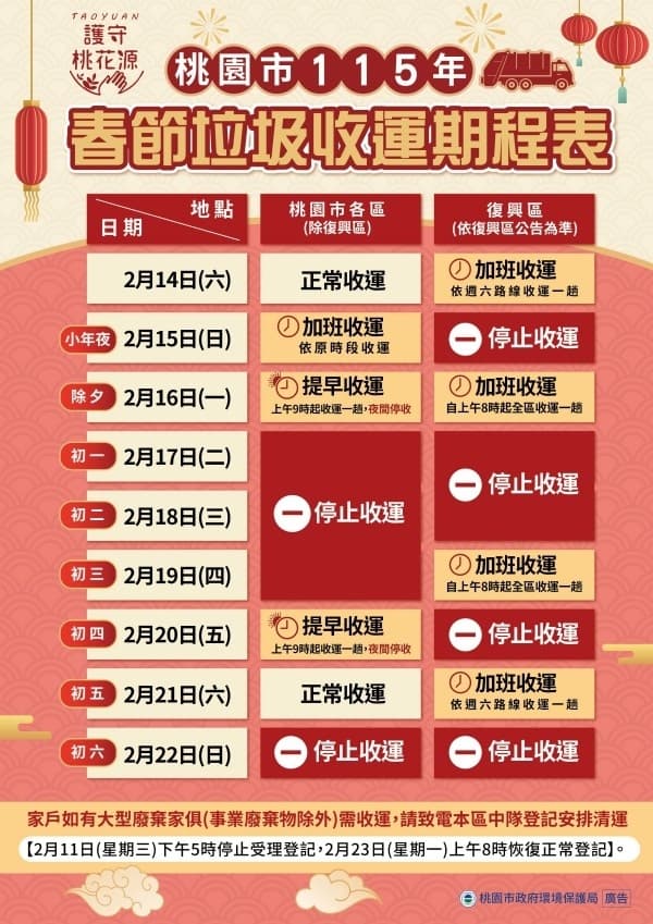 桃園市春節期間垃圾清運時間一覽。（環保局提供）