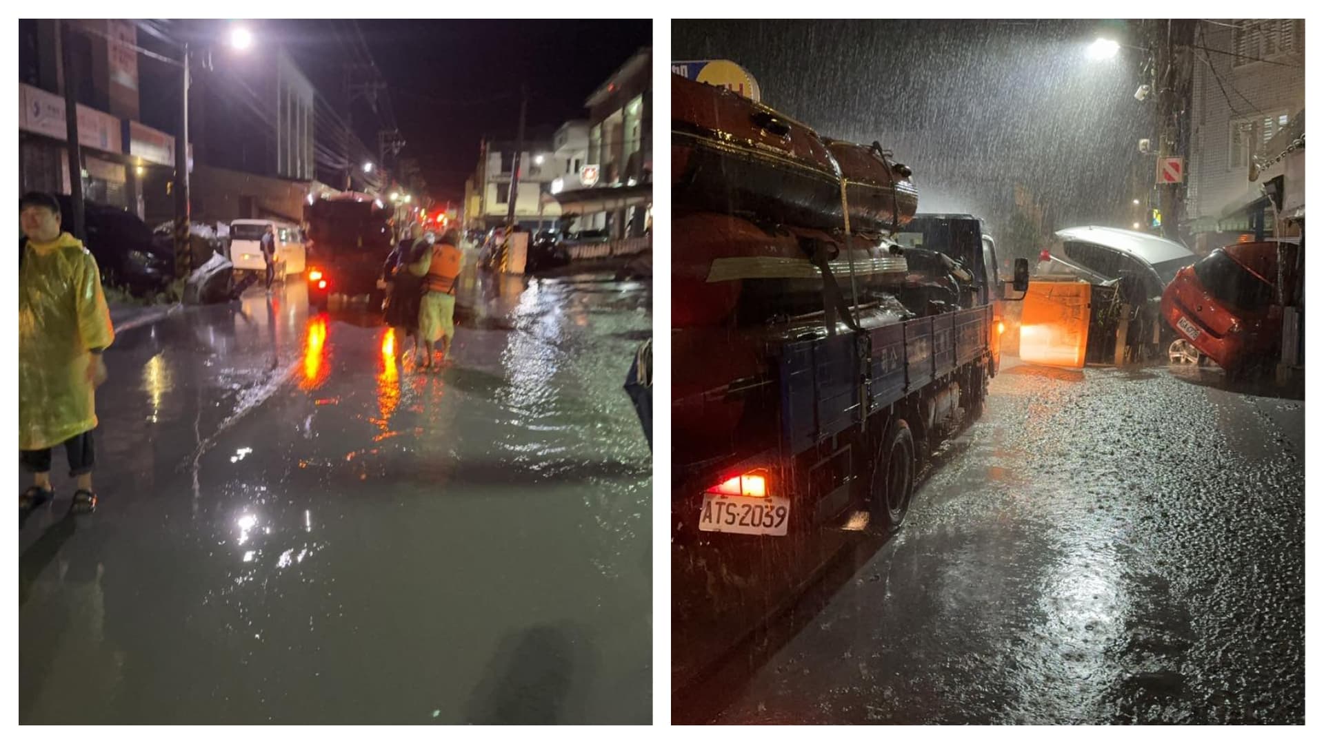 即使救援人員迅速趕抵,但入夜仍下著恐怖大雨,街上仍然泥流滾滾。(翻攝自臉書@胡仁順-花蓮縣議員 )
