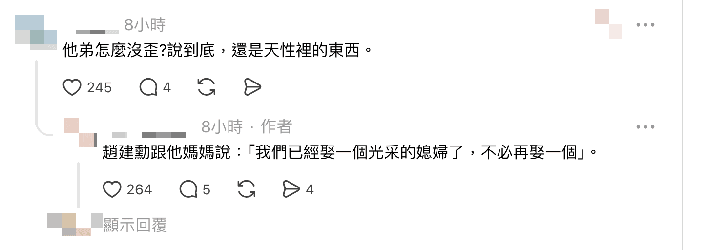 原PO回應其他網友時透露,趙建勳曾對母親說:「我們已經娶一個光采的媳婦了,不必再娶一個。」(翻攝Threads)