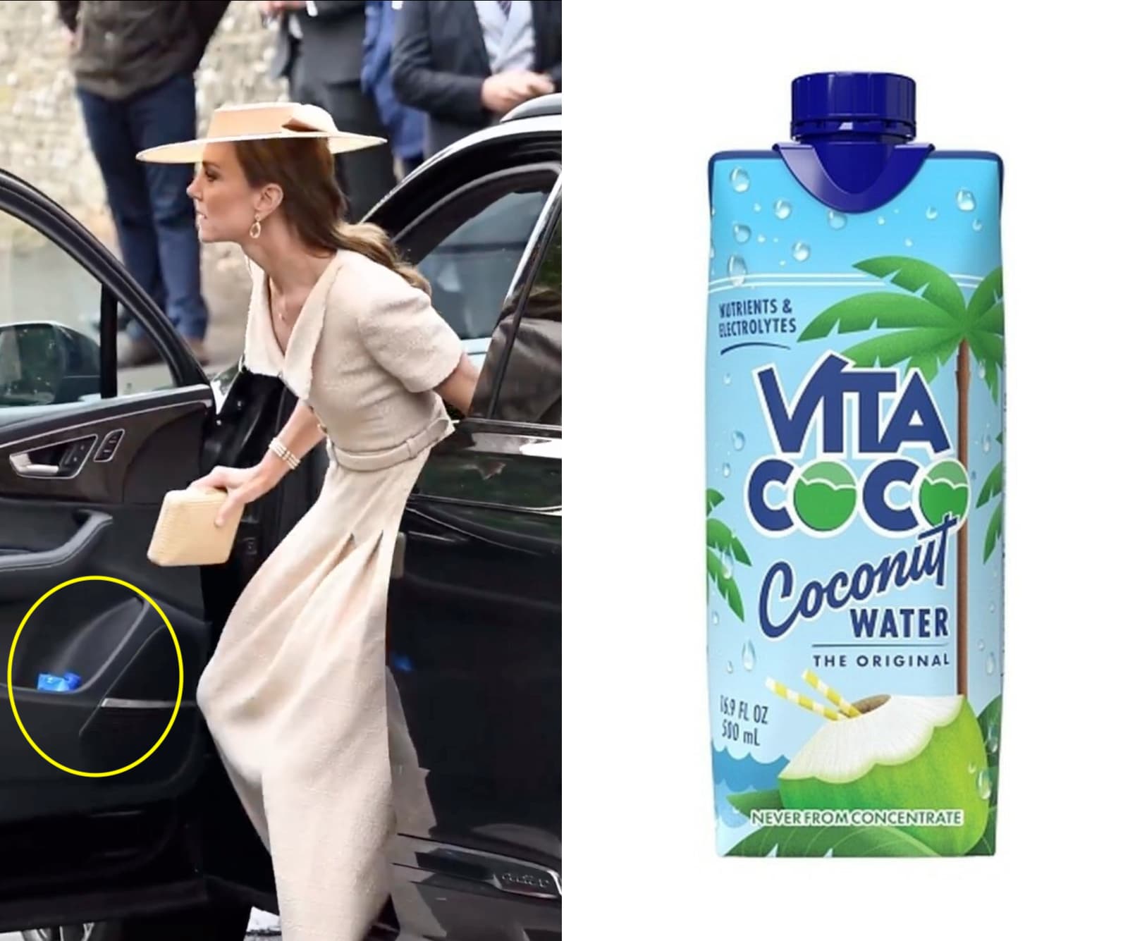 凱特王妃出席婚禮時,被拍到車門置物格內放著一瓶Vita Coco椰子水(黃圈處)。(翻攝Hello!、Amazon)