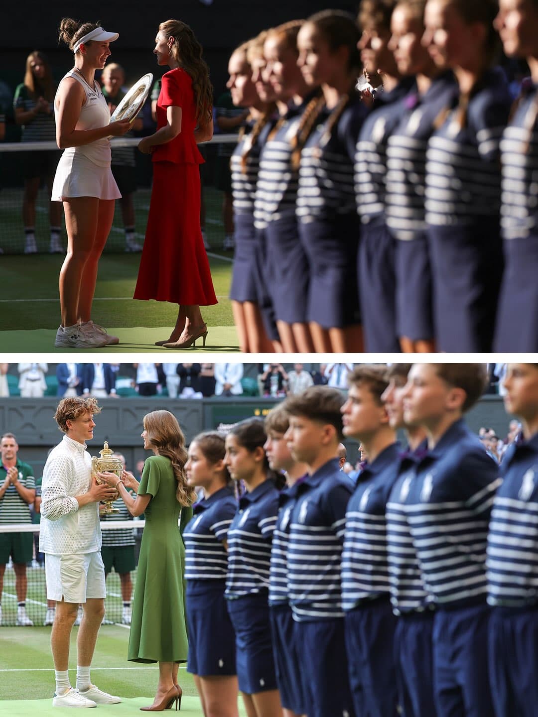 凱特王妃在IG貼出溫網為女單冠軍諾絲科娃(上)及男單冠軍辛納(下)頒獎的畫面。(翻攝princeandprincessofwales IG)