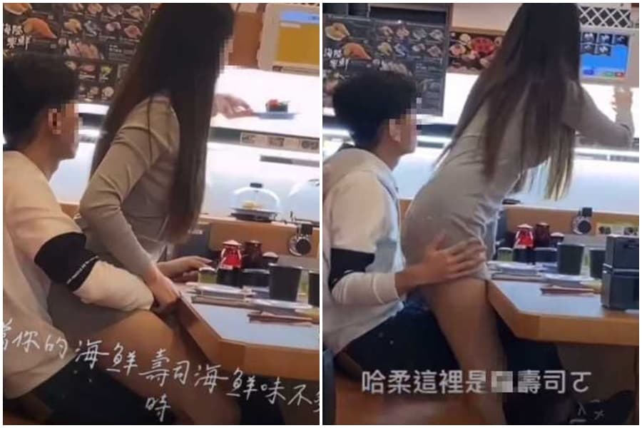 一名男子在壽司店不顧他人眼光,跟女友摸來摸去。(翻攝自「爆廢1公社」)