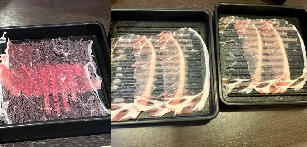 日本知名吃到飽火鍋「涮乃葉」近日爆發肉片過薄爭議,網友上傳的照片顯示肉片薄到可透視餐盤底部。(翻攝自X)