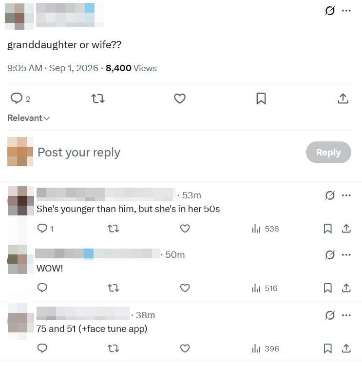 海外網友看到郭台銘與曾馨瑩的合照後,驚訝詢問「孫女還是老婆?」得知曾馨瑩已50多歲後,更忍不住直呼「WOW!」。(翻攝自X)