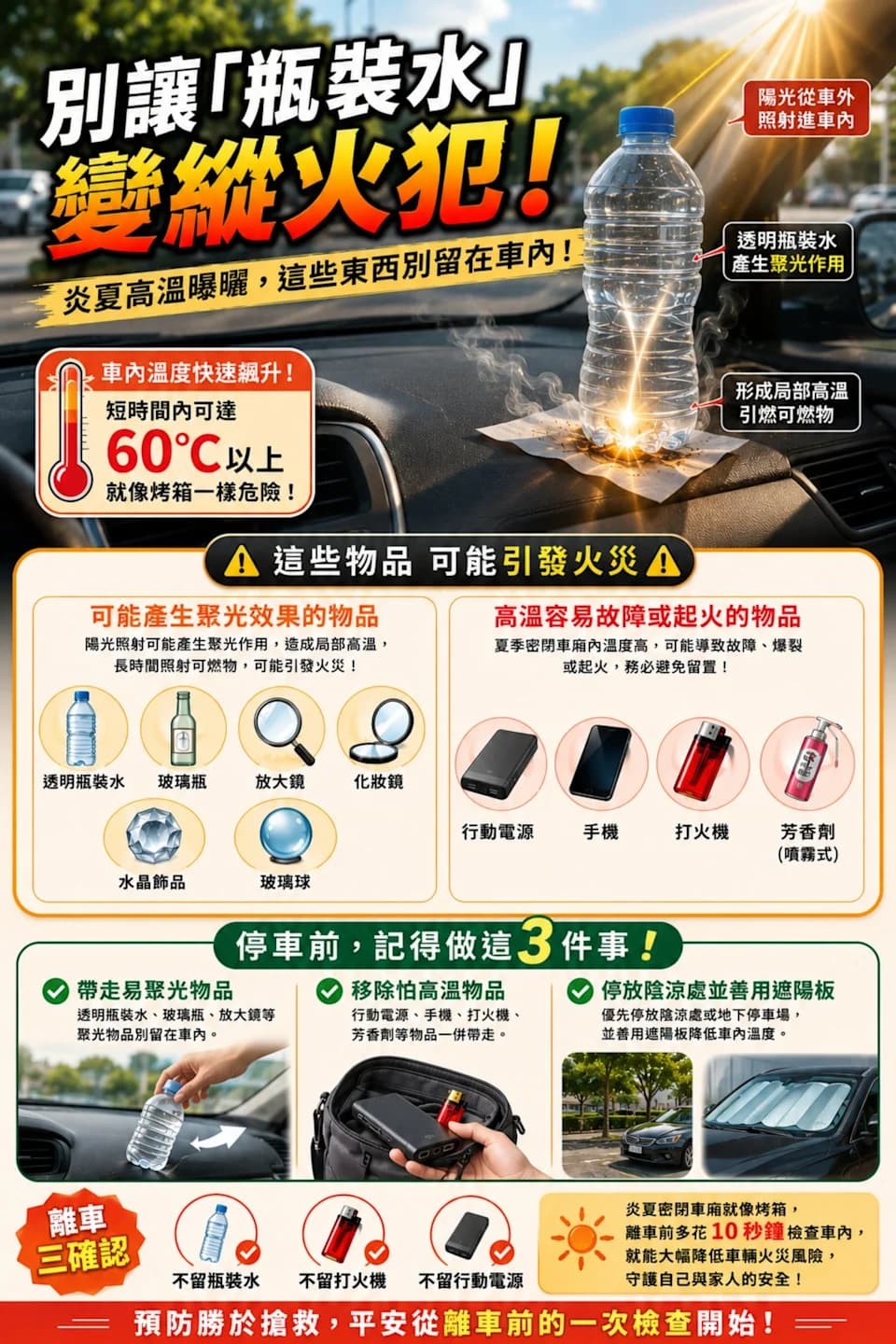 消防局提醒,除了透明瓶裝水之外,玻璃瓶、放大鏡、化妝鏡、水晶飾品、玻璃球等具有聚光效果的物品,都不建議放置於車內。(彰化縣消防局提供)