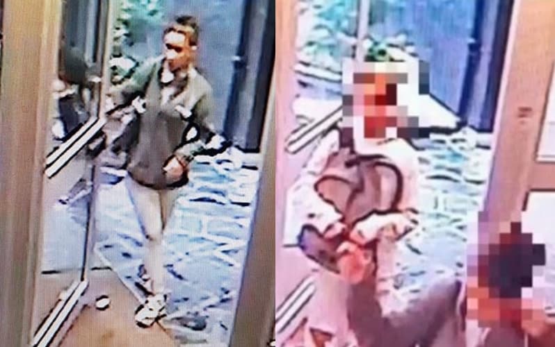 監視器畫面曝光,嫌犯拖著裝有女童遺體的行李箱進入酒吧,與友人談笑風生,震驚全法。(翻攝自DailyMail)