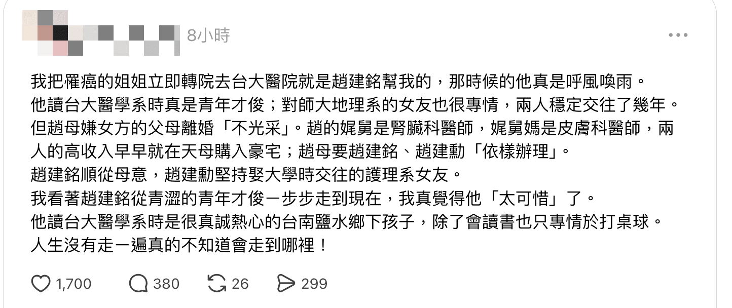 一名網友在Threads發文,爆料趙建銘婚前往事,引發討論。(翻攝Threads)