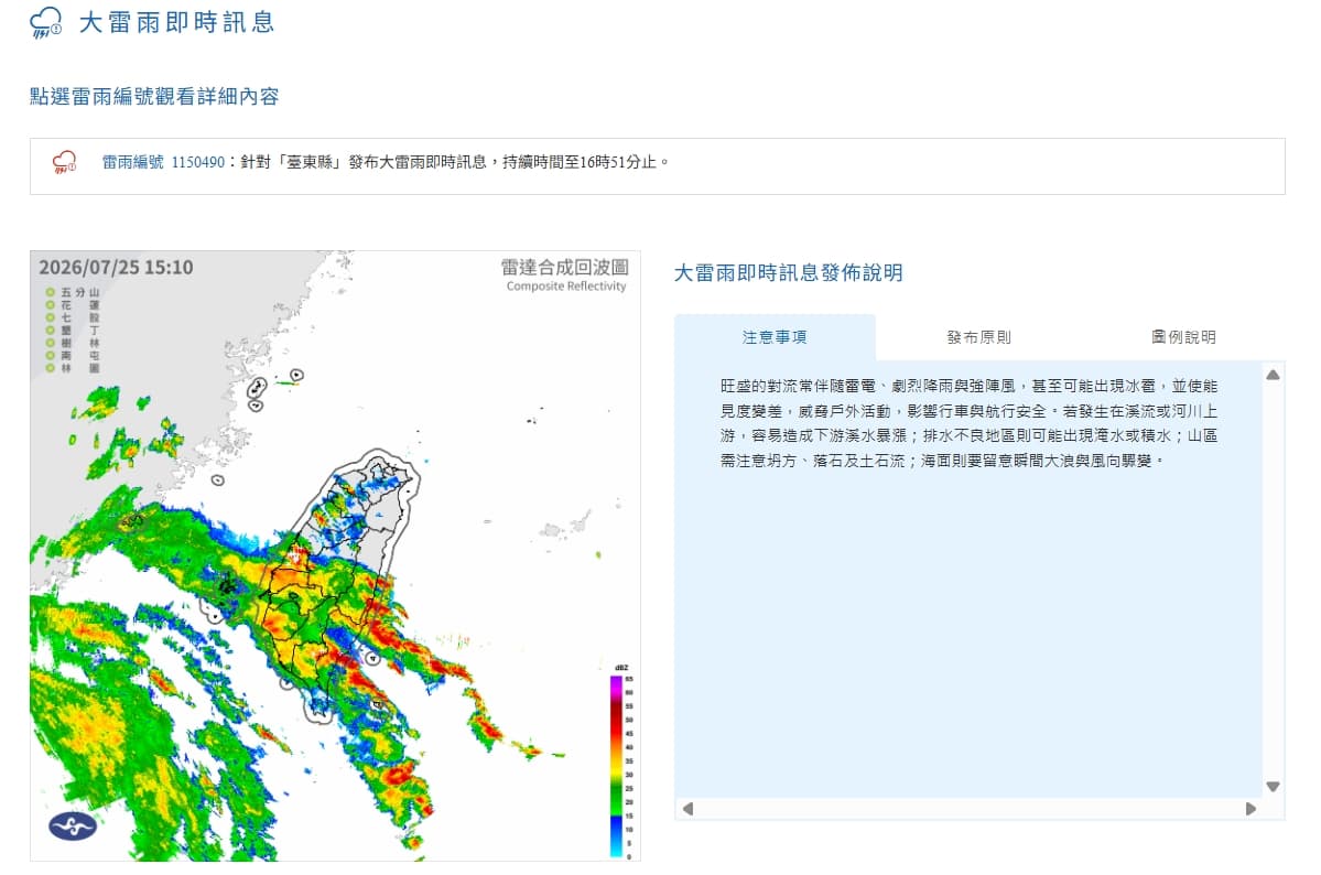中央氣象署發布大雷雨即時訊息。(翻攝自中央氣象署官網)