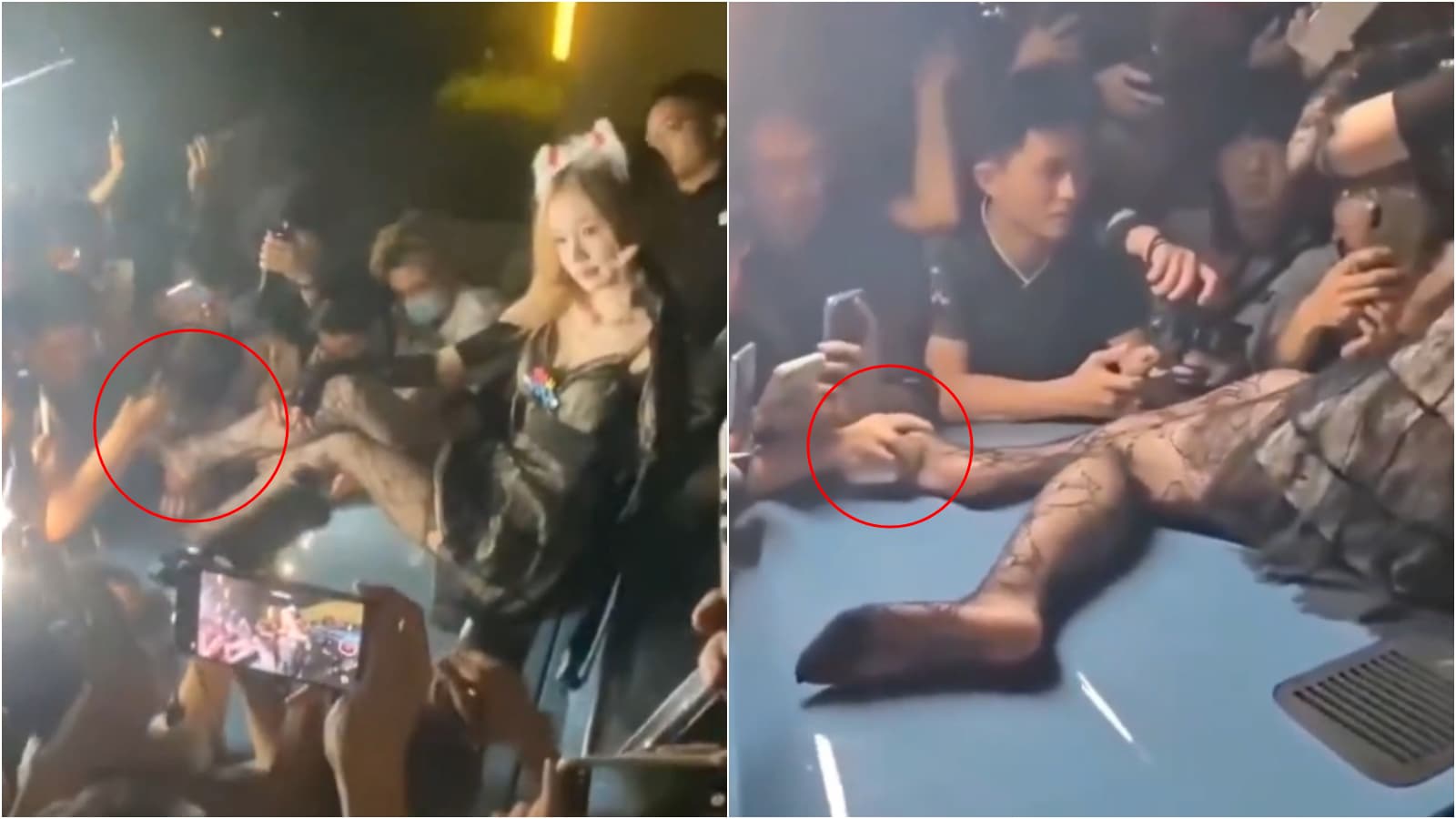 女Coser拍照時,許多人大膽狂摸腳底。(翻攝微博)