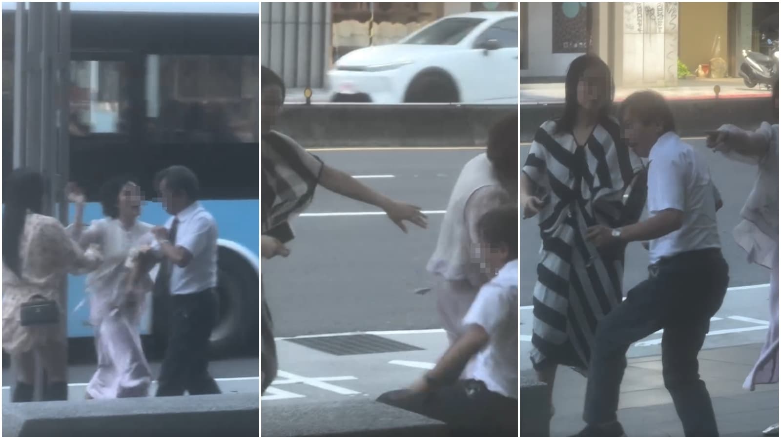 短髮女出手重擊運將頭部,拉扯中更是直接把運將撞倒,條紋服飾女看似未攻擊運將,卻一直拉住運將,未阻止一直叫囂、攻擊的朋友。(Threads@chuanweixu網友授權提供)